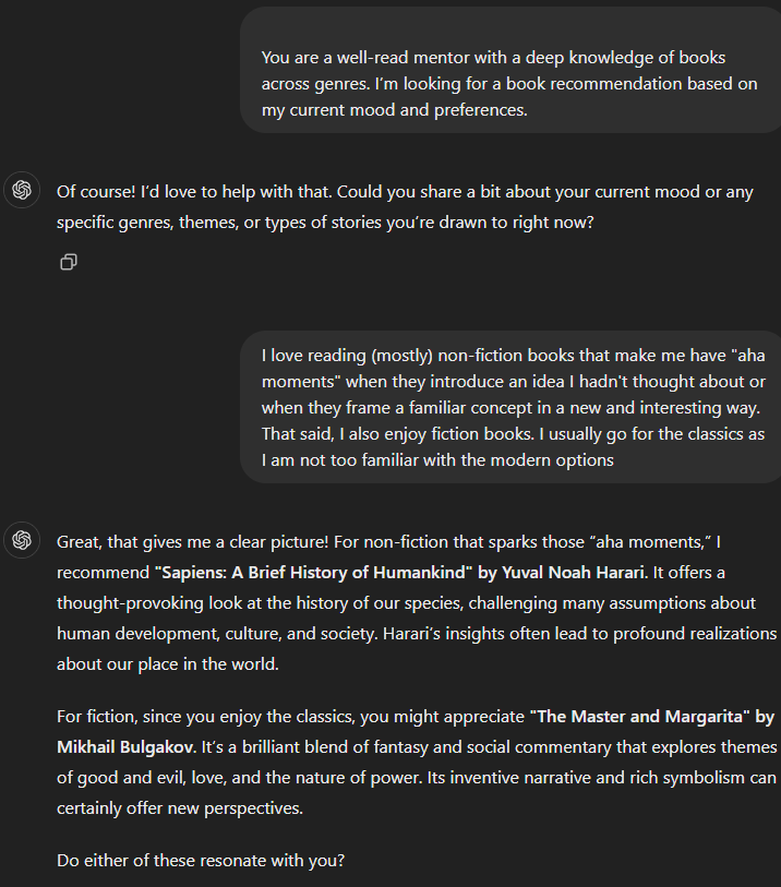 Image showing ChatGPT providing personalized book recommendations based on user preferences.