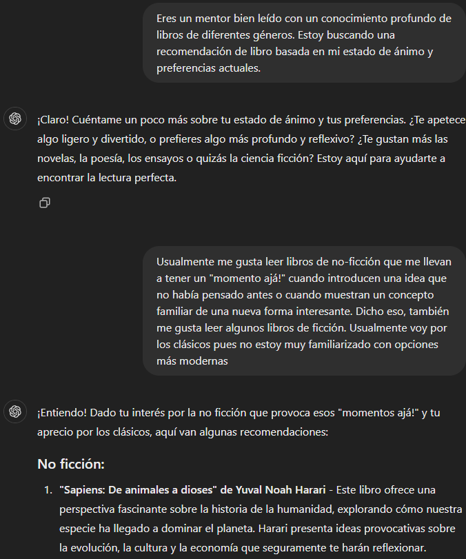 Imagen mostrando a ChatGPT dando recomendaciones personalizadas de libros basedas es preferencias del usuario.