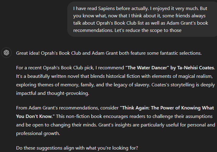 Image showing ChatGPT providing personalized book recommendations based on user preferences.