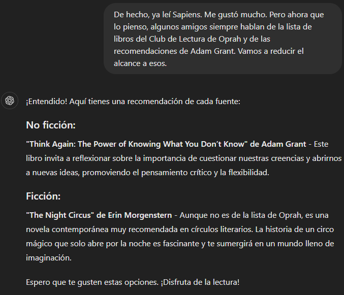 Imagen mostrando a ChatGPT dando recomendaciones personalizadas de libros basedas es preferencias del usuario.