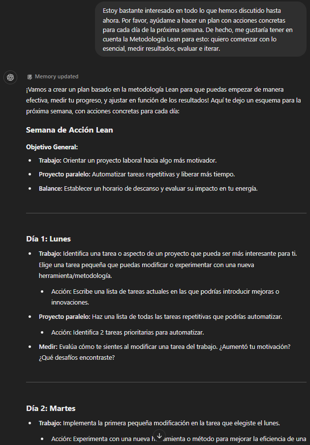 Imagen mostrando a ChatGPT proporcionando un plan personalizado con tareas accionables basado en una conversación sobre carrera y vida.